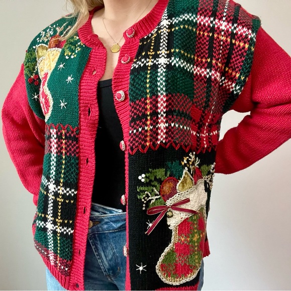 Vintage Chunky Knit Mixed Media Christmas Cardigan Sweater - Picture 3 of 16